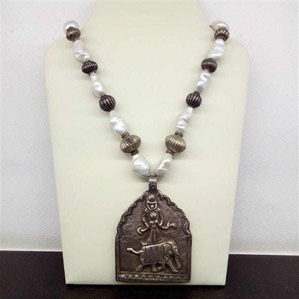 Elephant With God Big Size Pendant With Pearls & Silver Beads Silver Mala