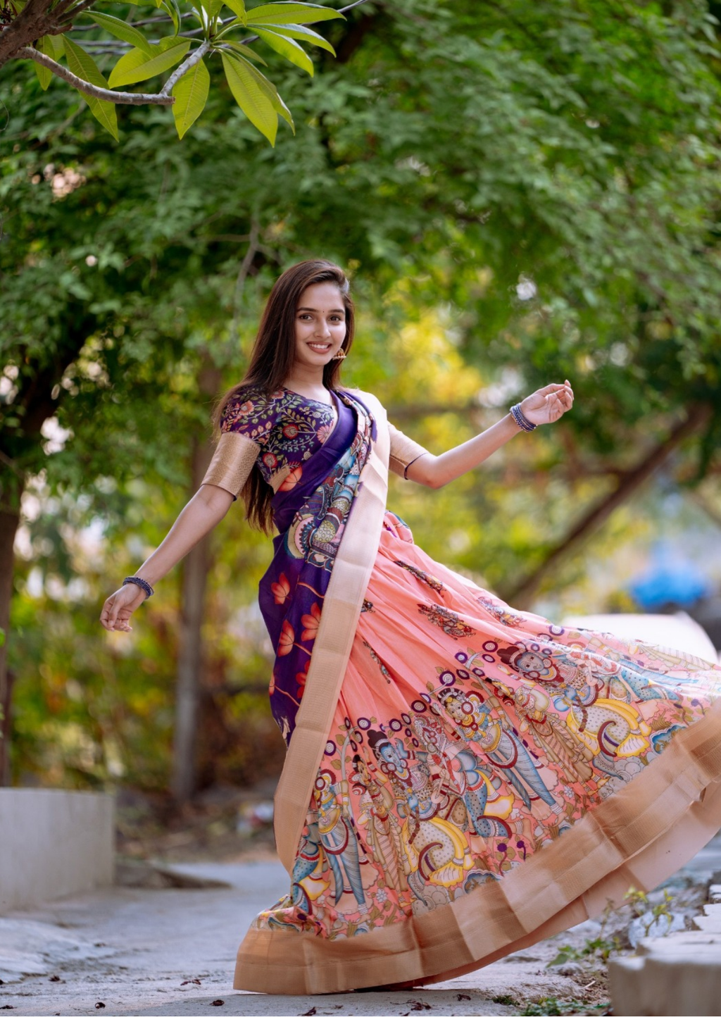 Pink Kalamkari Dola Silk Lehenga Set with Zari Border