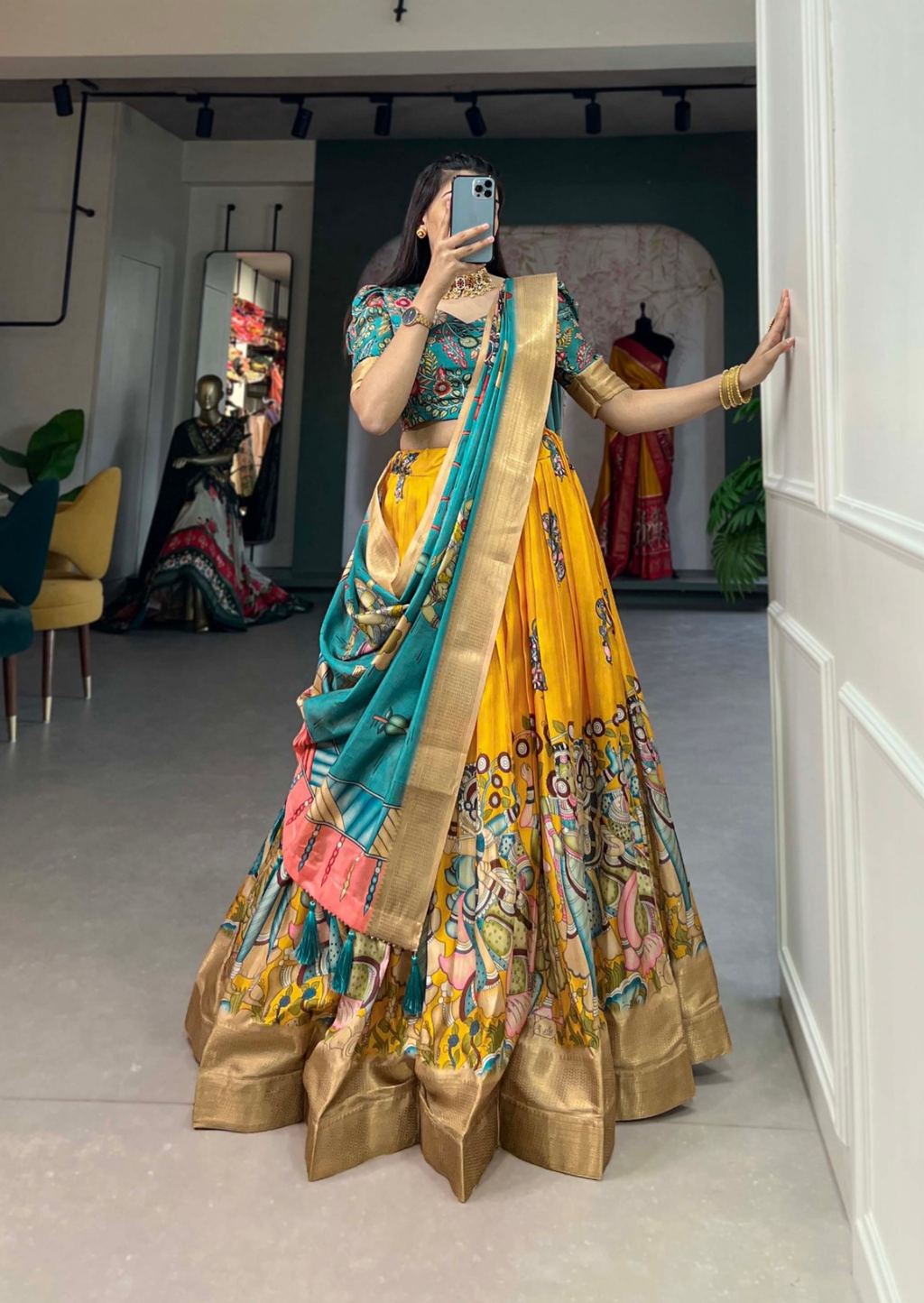 Sunshine Kalamkari Dola Silk Lehenga Set with Zari Weaving