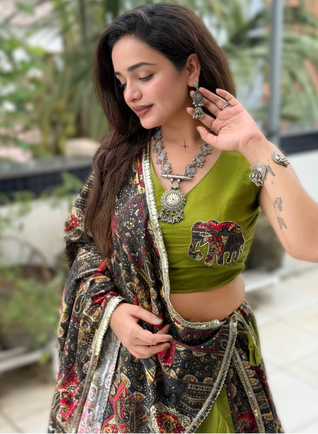 Regal Antique Print Pure Reyon Lehenga Set with Applique Work