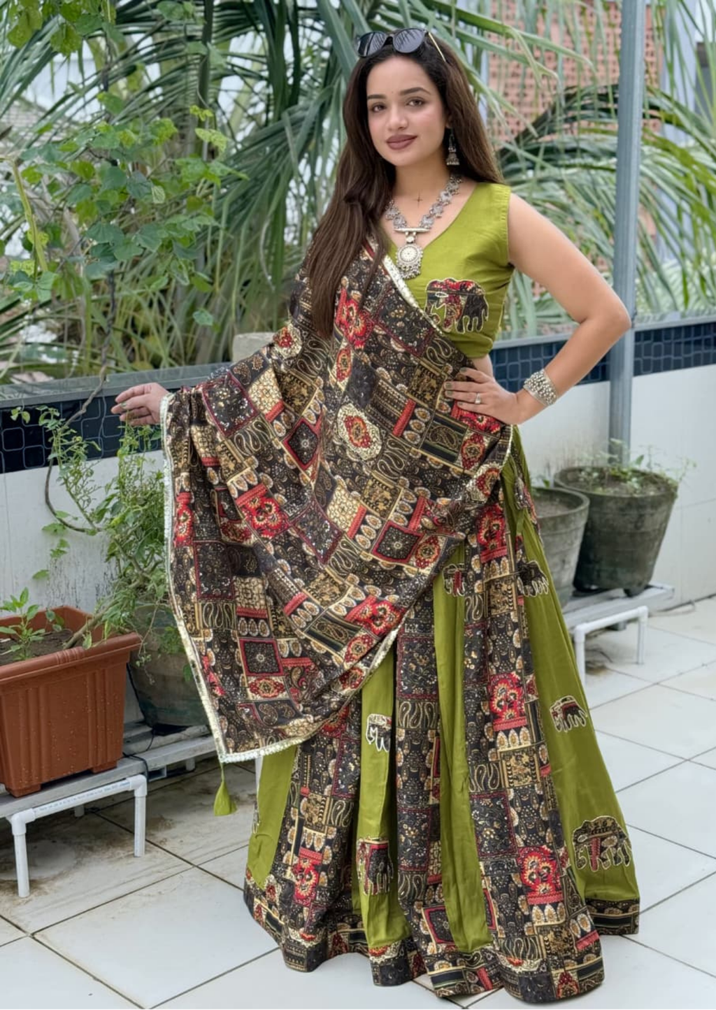 Regal Antique Print Pure Reyon Lehenga Set with Applique Work