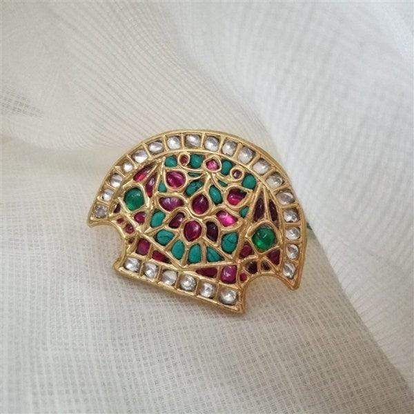 Big Gold Plated Silver ring with red kundan and turquoise stone