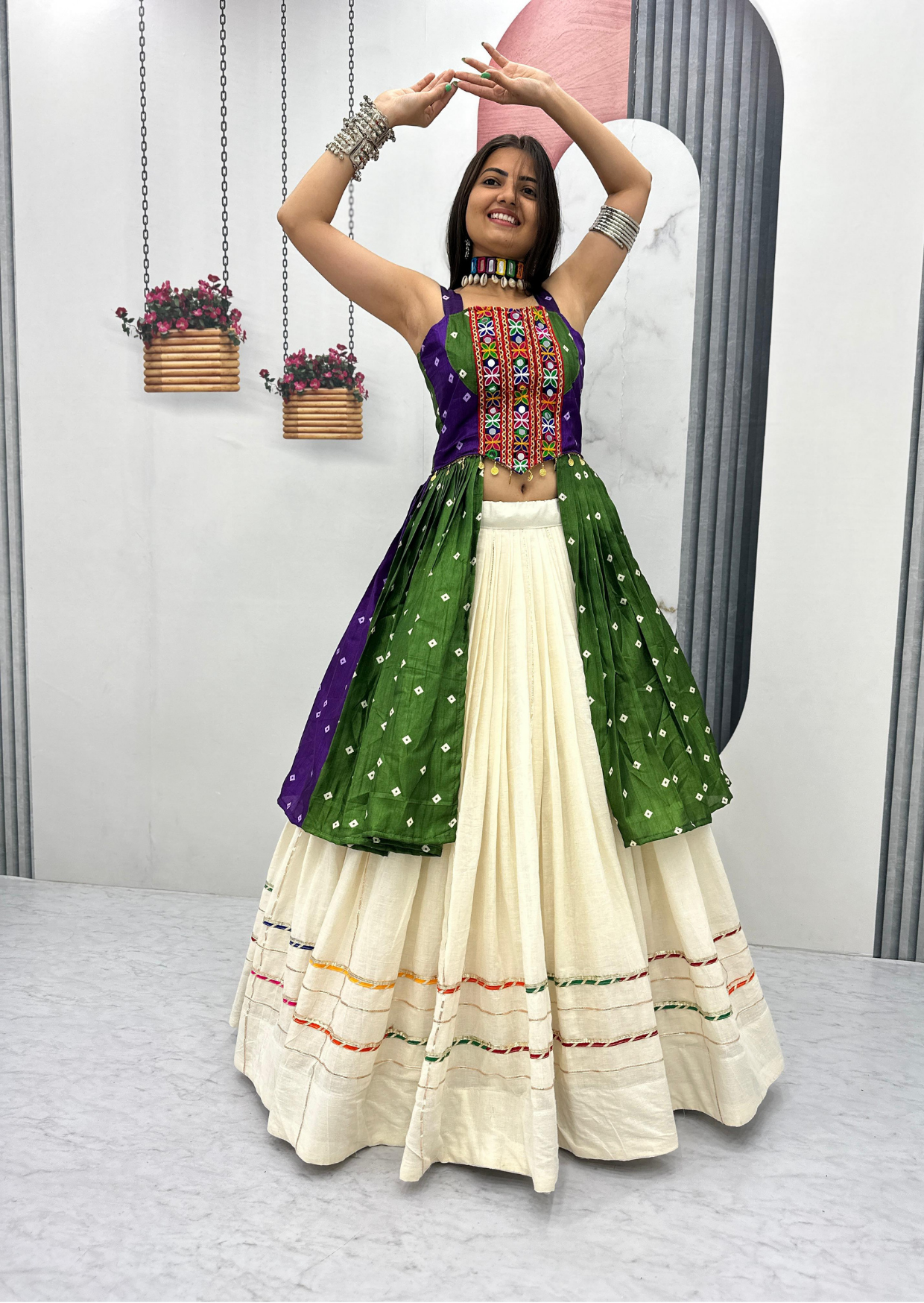 Rangvilas Bandhej Gamathi Mirror Work Khadi Cotton Garba Dress