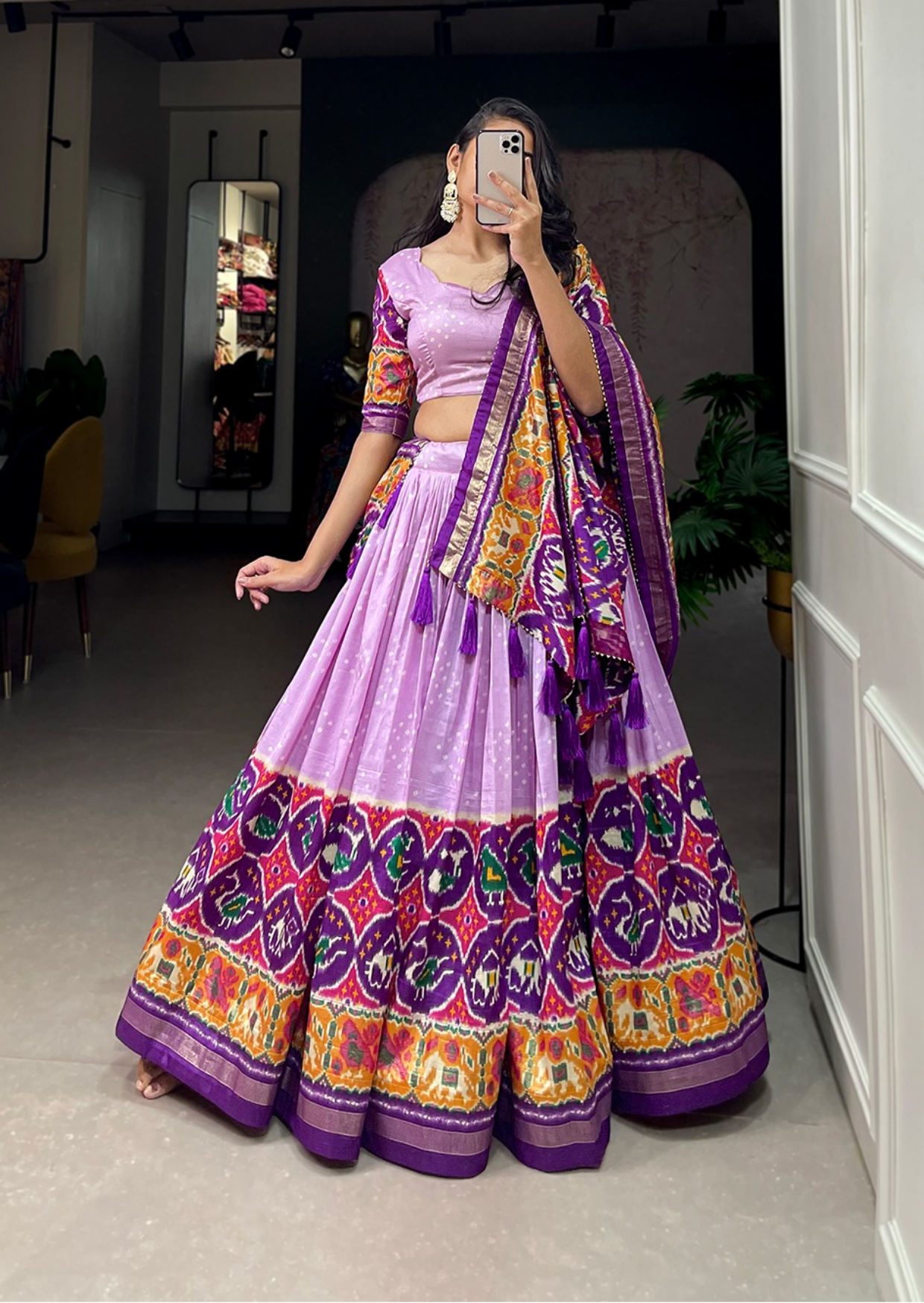 Lilac Patola Foil Print Tasar Silk Lehenga Set