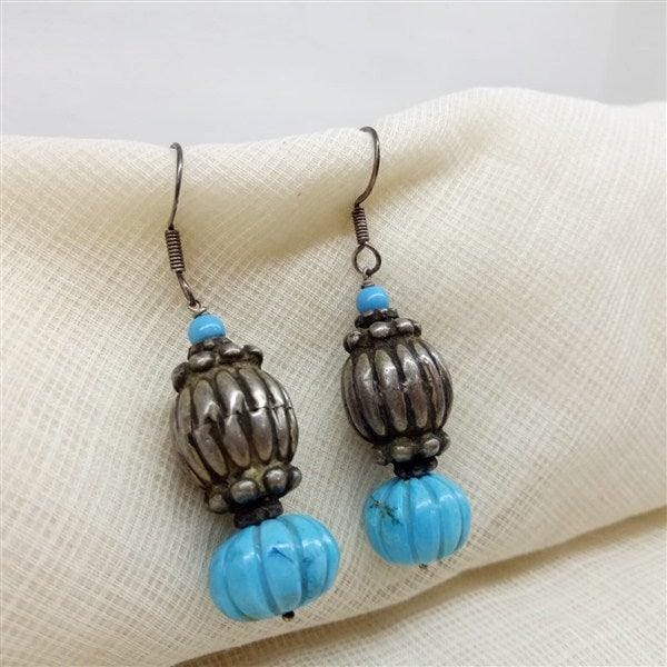 Silver Hanging Earrings With Damru Beads