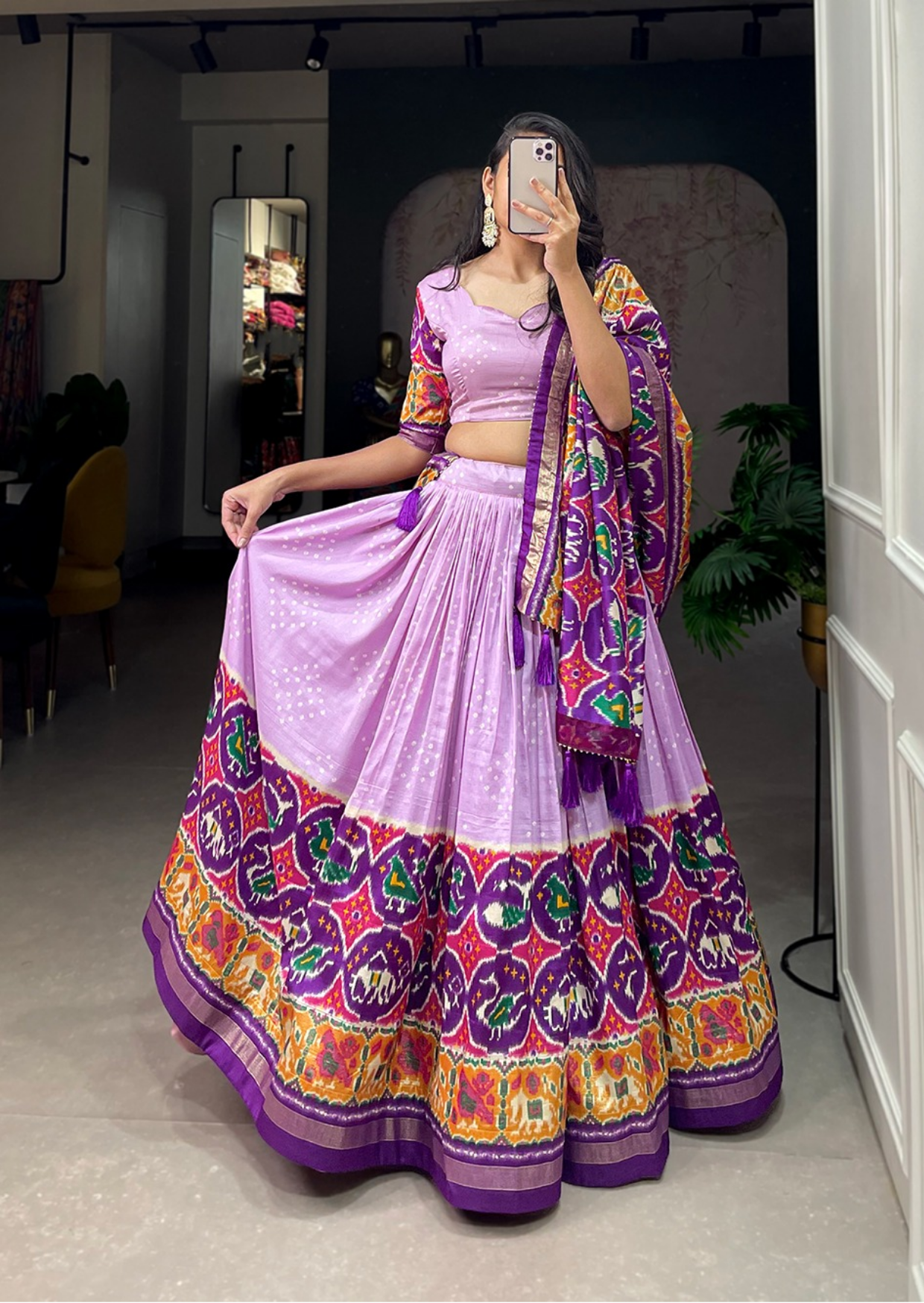 Lilac Patola Foil Print Tasar Silk Lehenga Set
