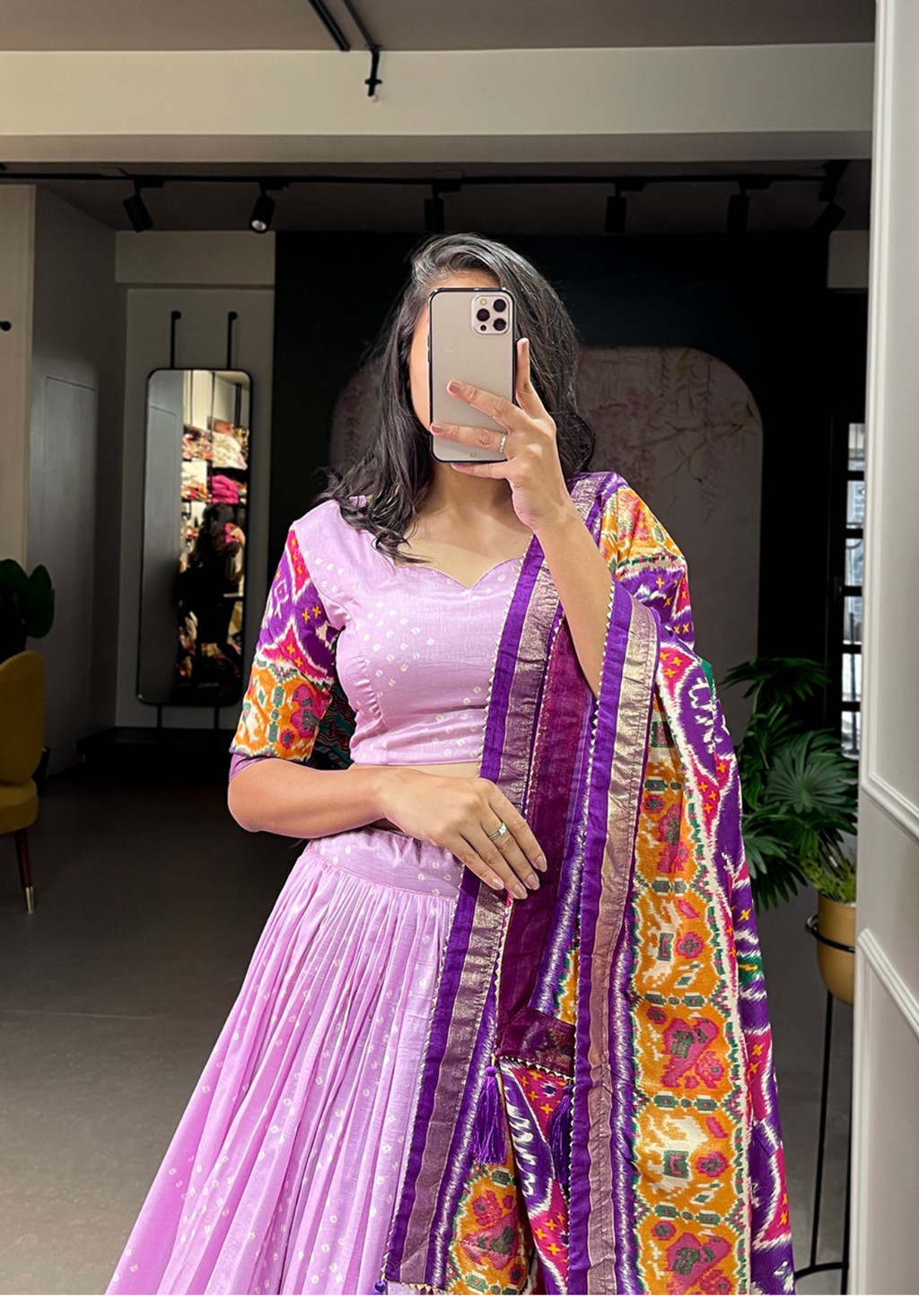 Lilac Patola Foil Print Tasar Silk Lehenga Set