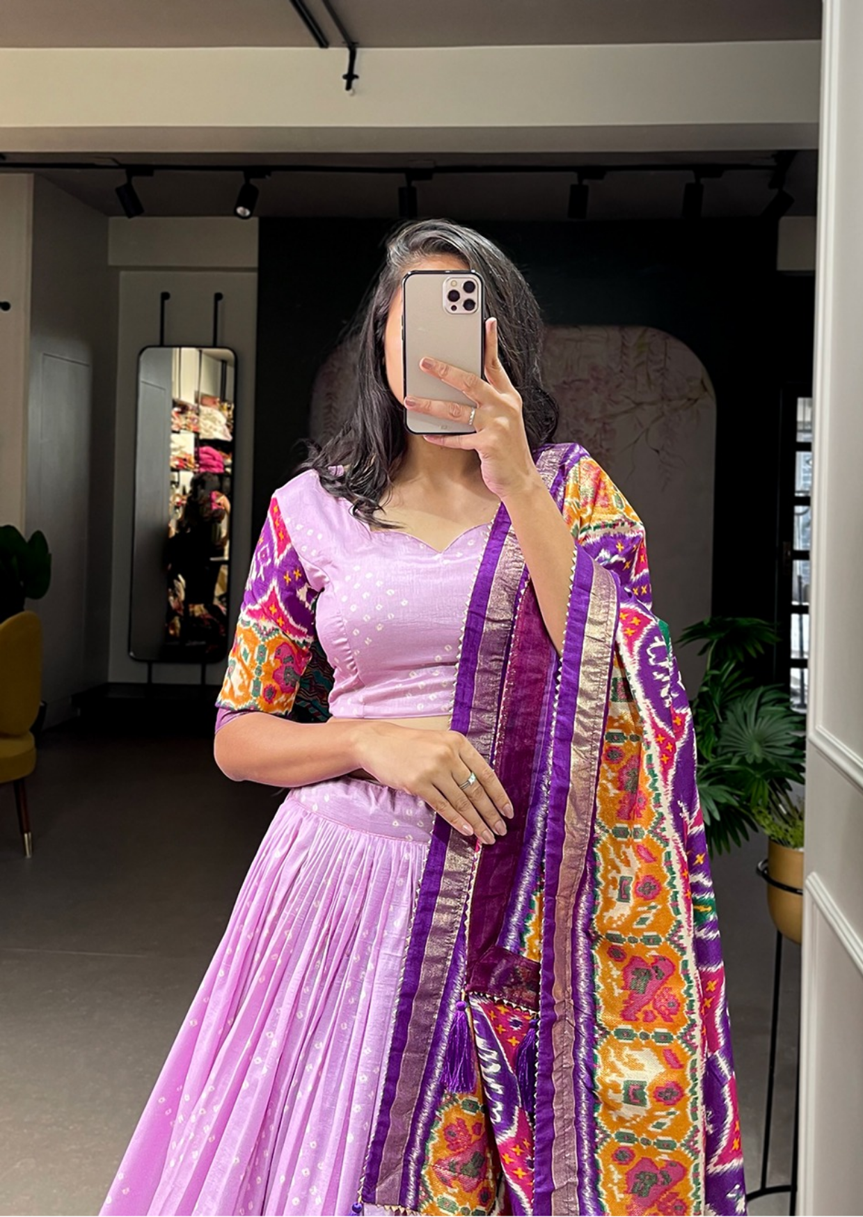Lilac Patola Foil Print Tasar Silk Lehenga Set
