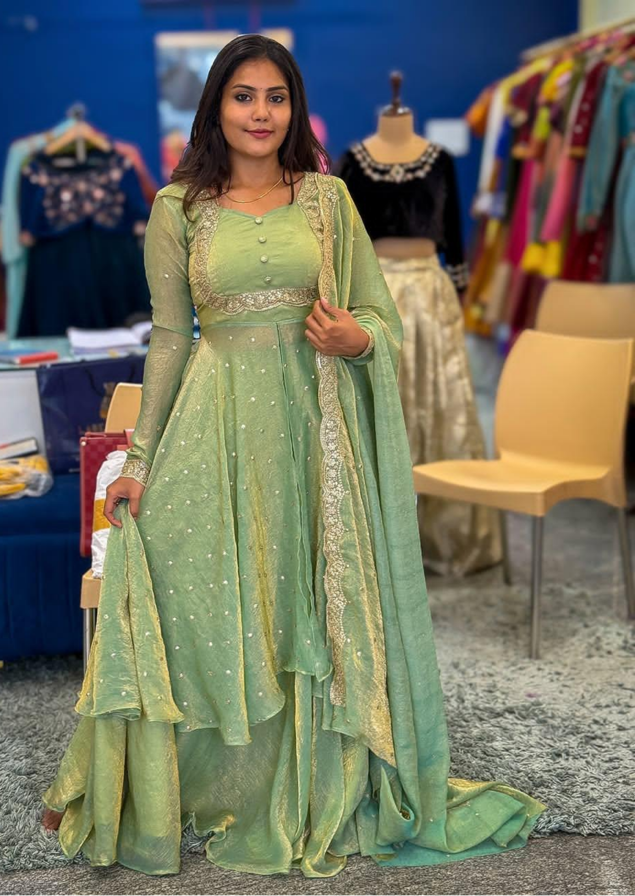 Pastel Green Vichitra Silk Embroidered Cape Anarkali Suit Set