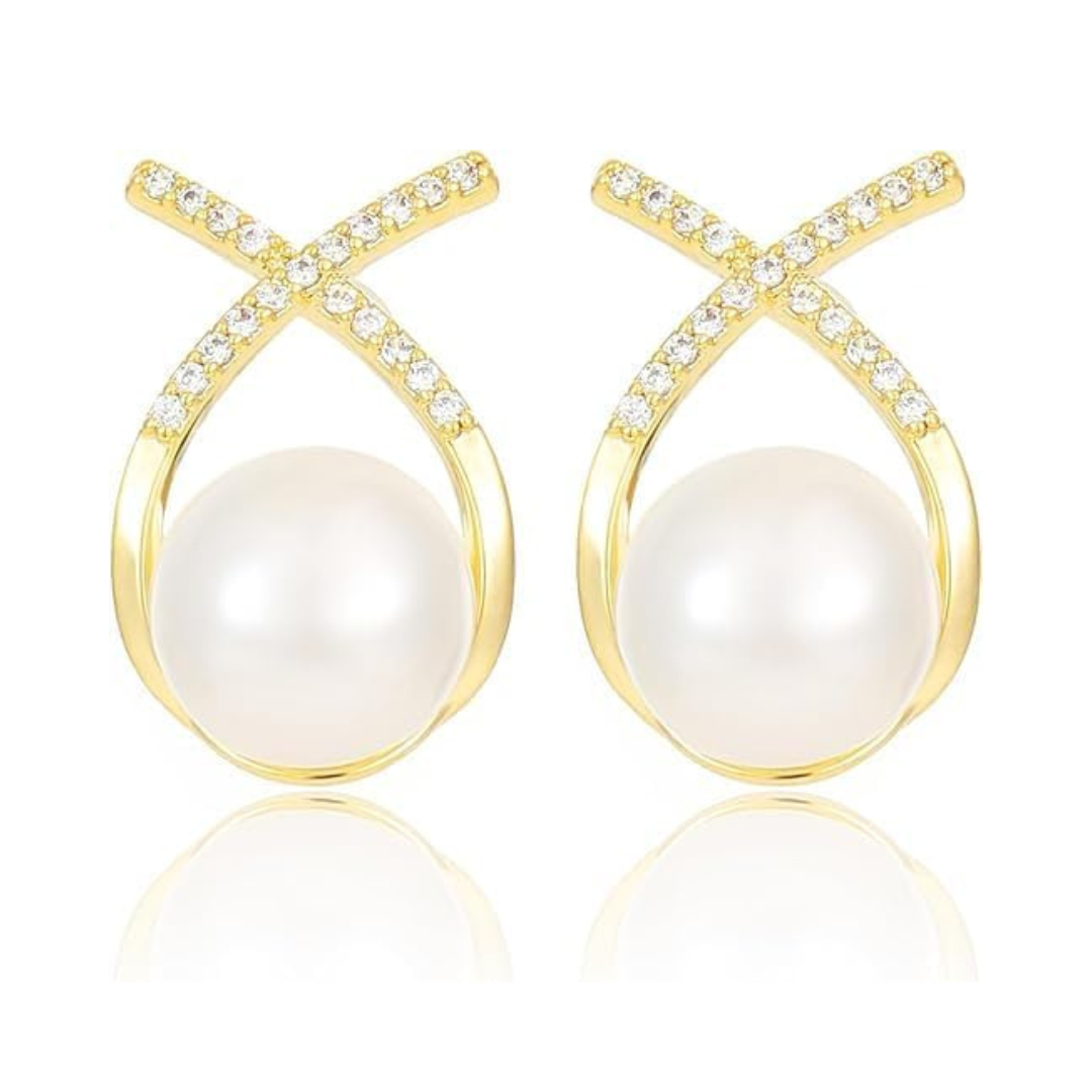 Elegant Gold Plated Pearl Stud Cross Earrings