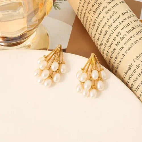 Elegant Gold & Pearl Cluster Earrings