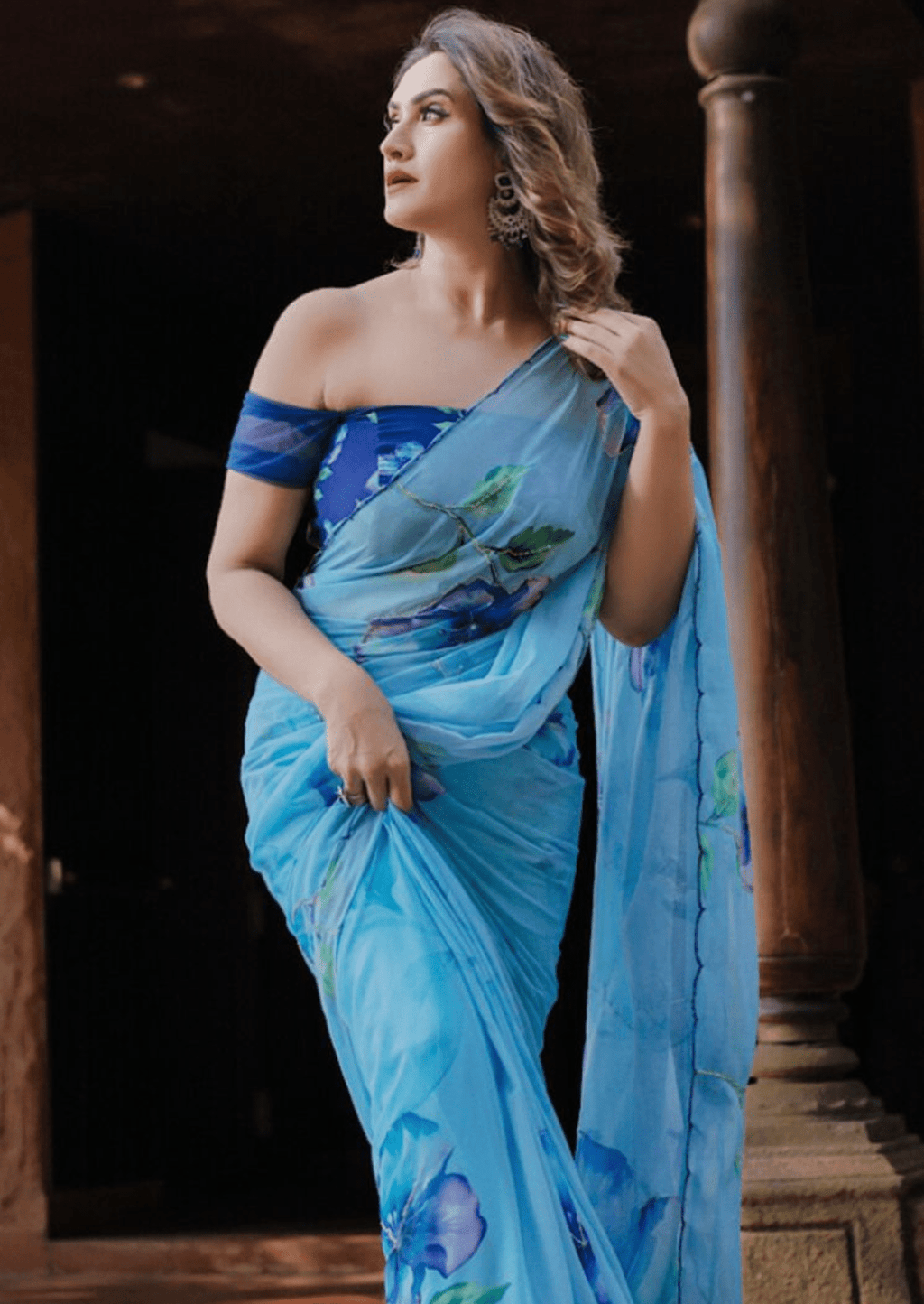 Azure Bloom Digital Print Georgette Saree
