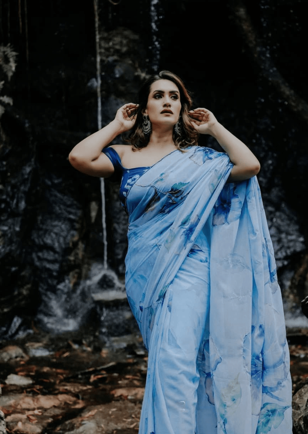Azure Bloom Digital Print Georgette Saree