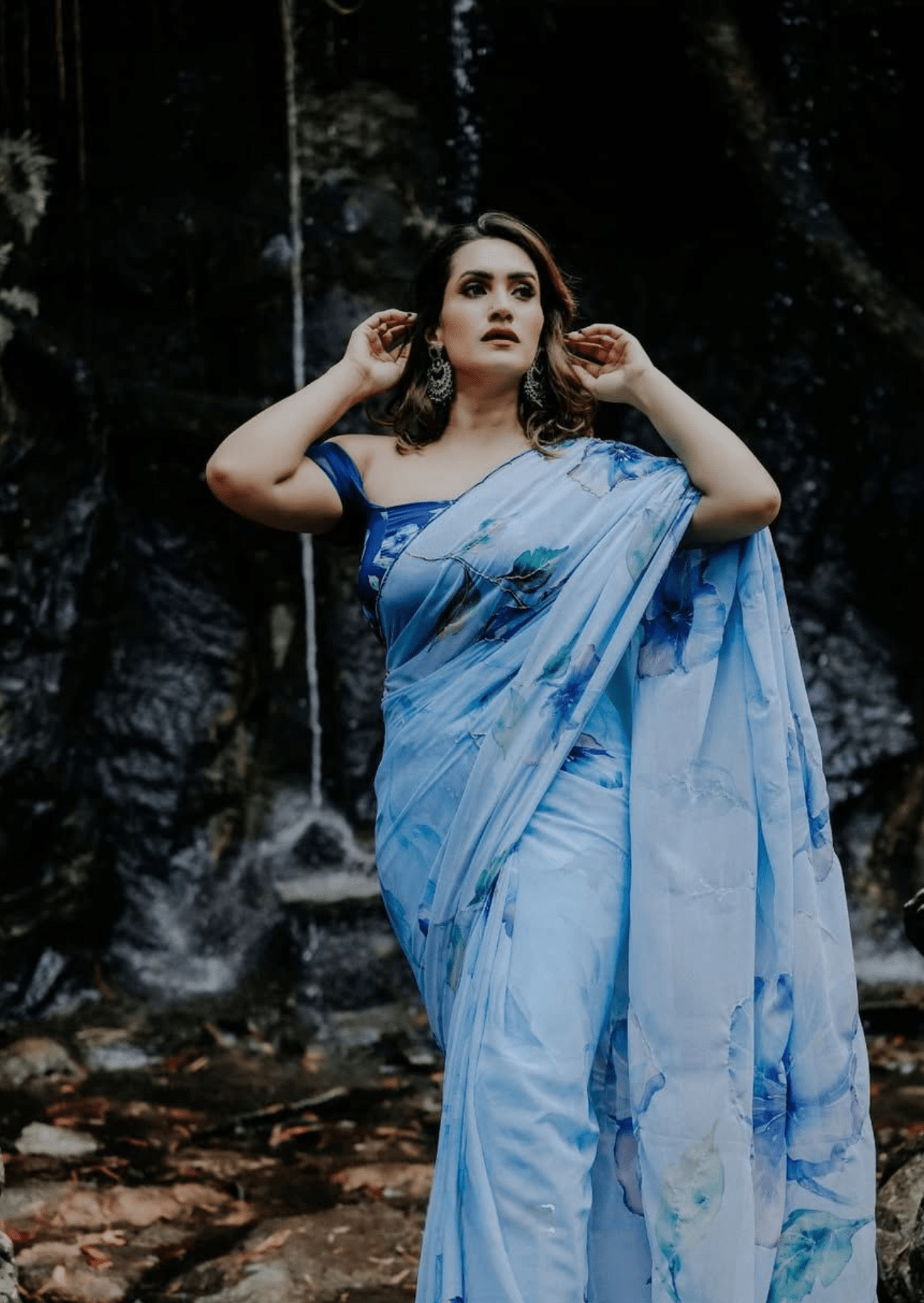 Azure Bloom Digital Print Georgette Saree