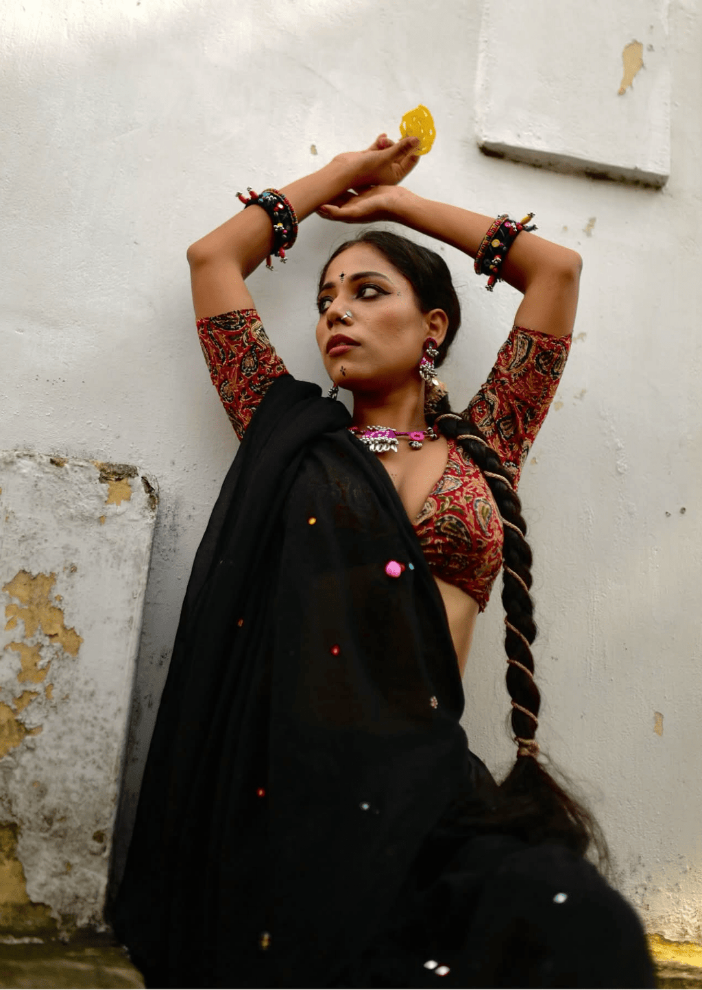 Charulata Noir Pure Mul Cotton Mirrorwork Saree