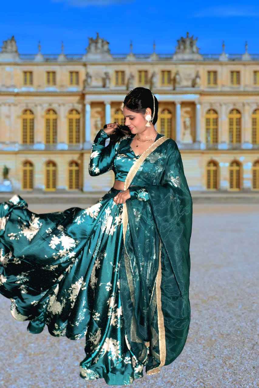 Emerald Bloom Satin Lehenga Set