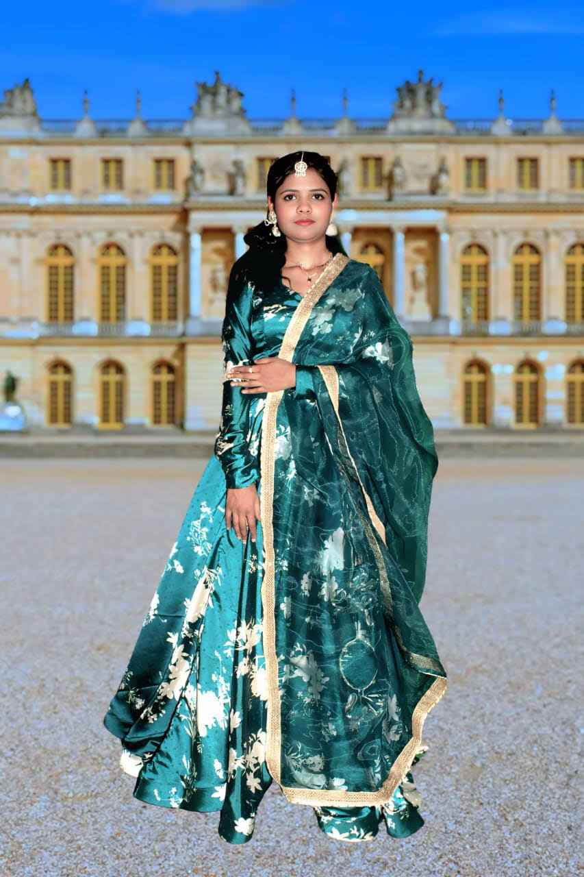 Emerald Bloom Satin Lehenga Set