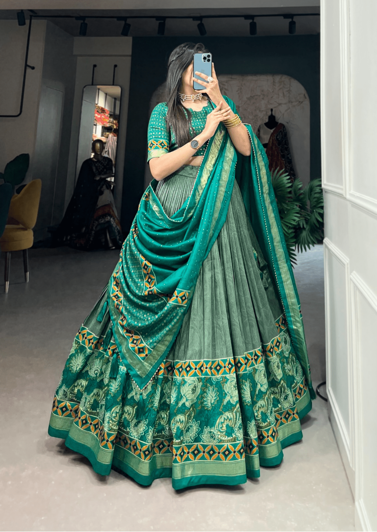 Emerald Foil Floral Tasar Silk Lehenga Set