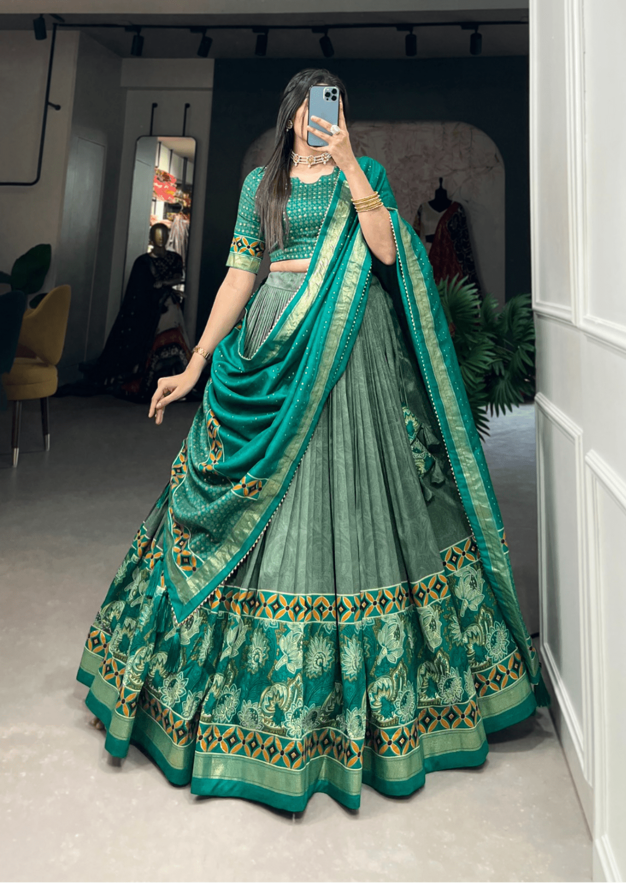 Emerald Foil Floral Tasar Silk Lehenga Set