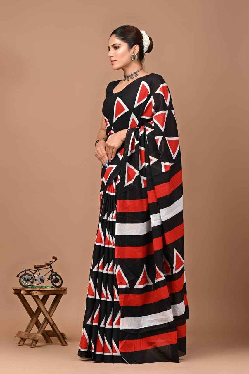 GeoChic Mulmul Cotton Saree in Black & Red
