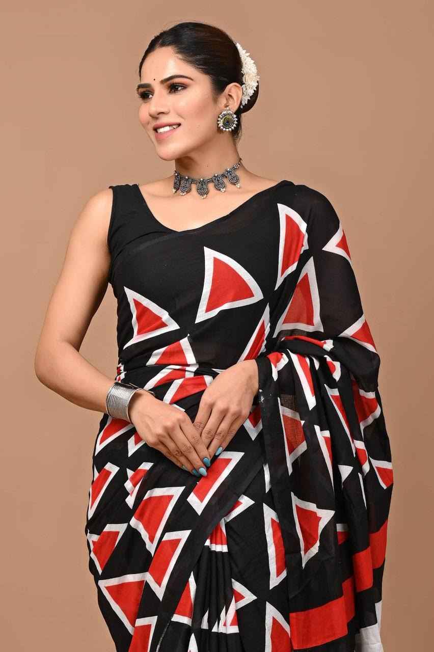 GeoChic Mulmul Cotton Saree in Black & Red