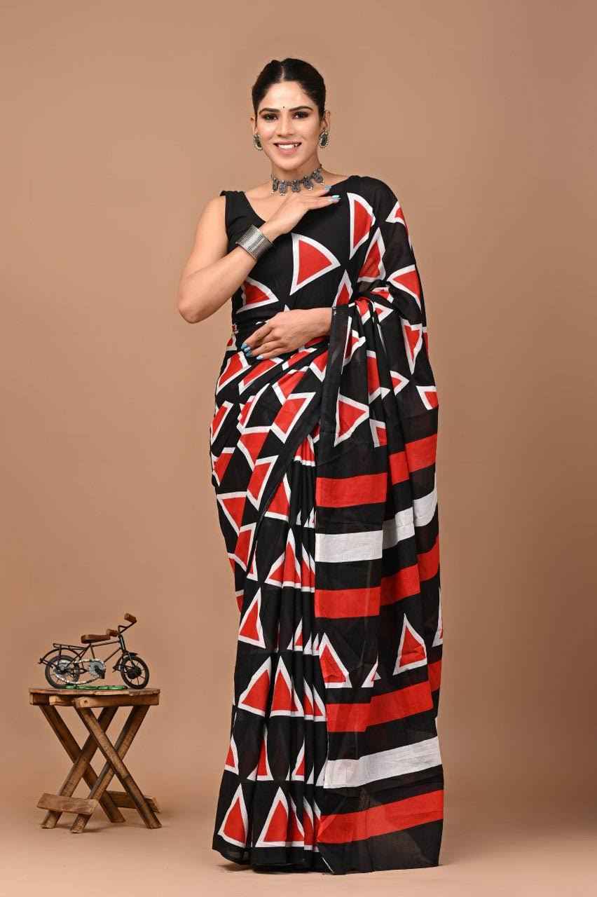 GeoChic Mulmul Cotton Saree in Black & Red