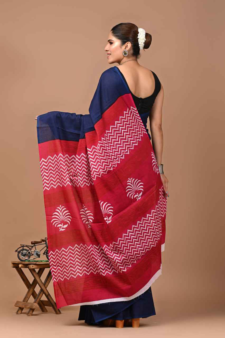 Indigo Fusion Mulmul Cotton Saree with Maroon Zigzag Pallu