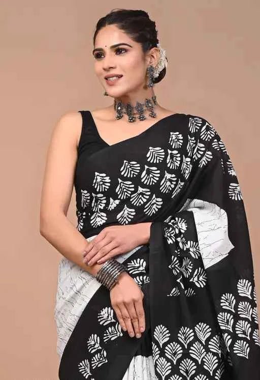 InkBloom Monochrome Mulmul Magic Saree