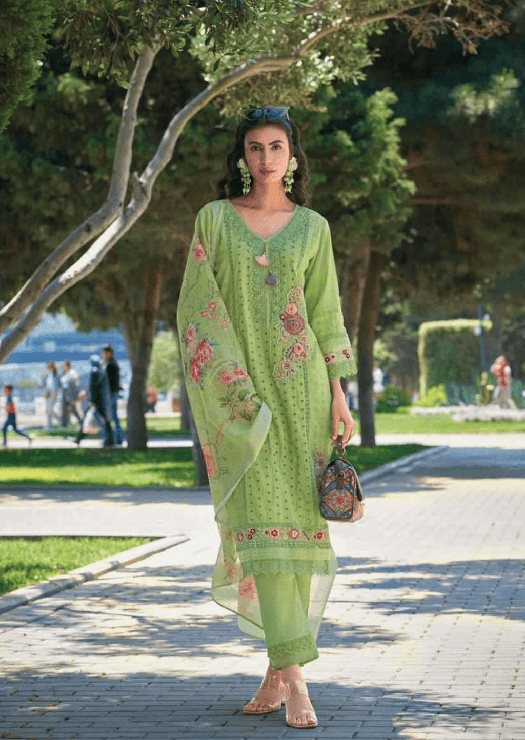 Mehmaan-e-Bahar Lime Green Floral Embroidered Suit Set