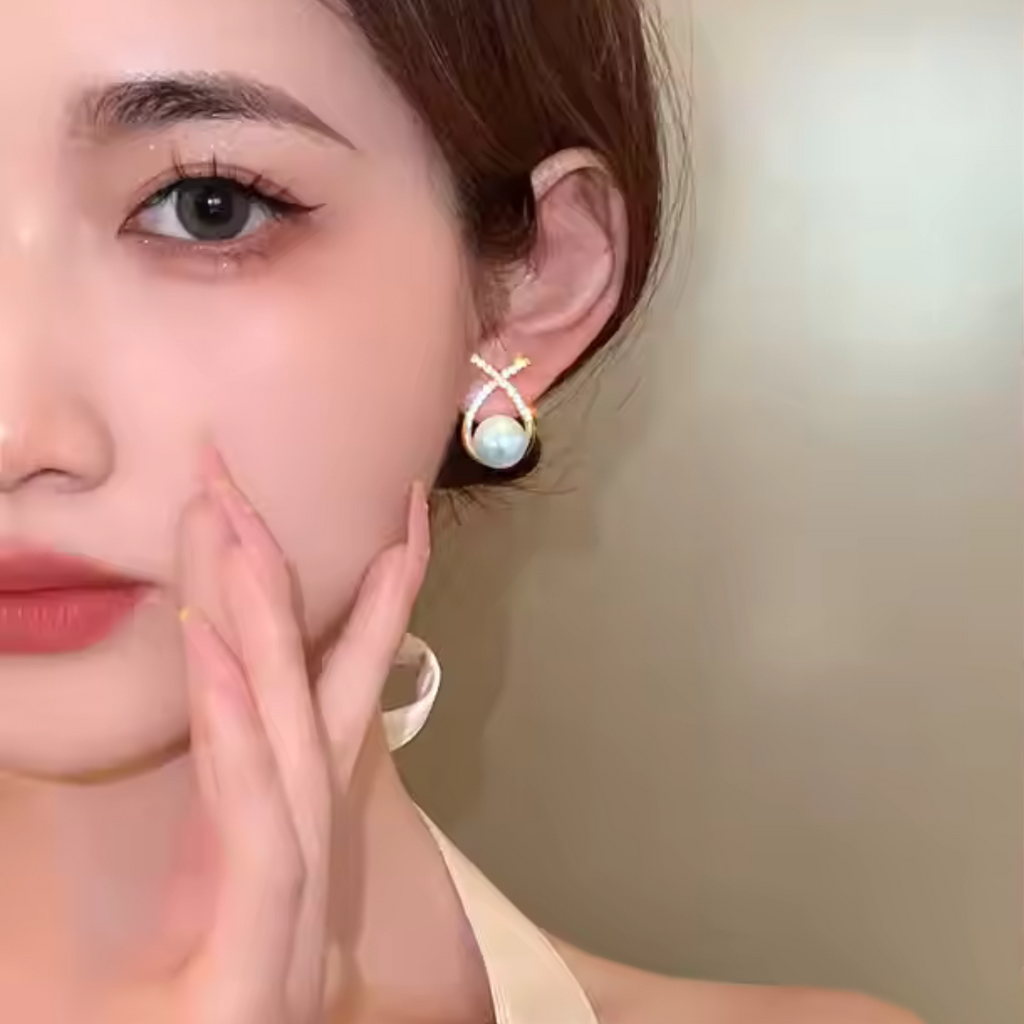 Elegant Gold Plated Pearl Stud Cross Earrings