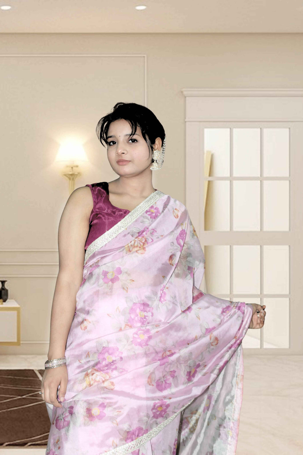 Pink Moon Floral Organza Saree with Blouse