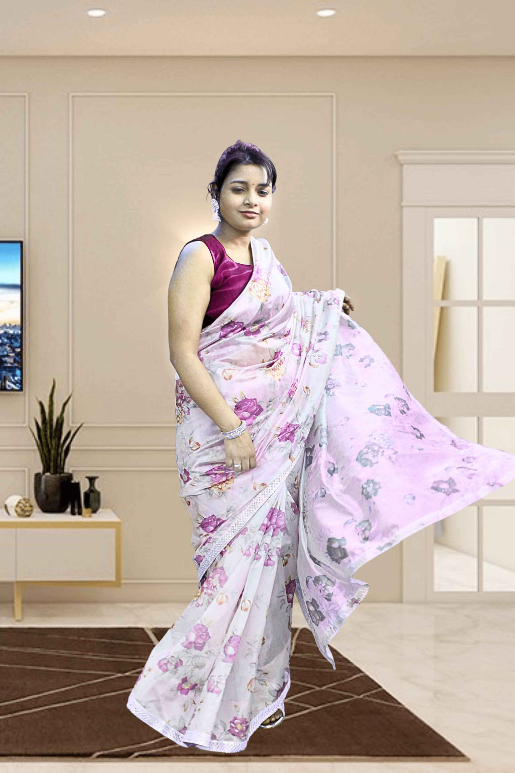 Pink Moon Floral Organza Saree with Blouse
