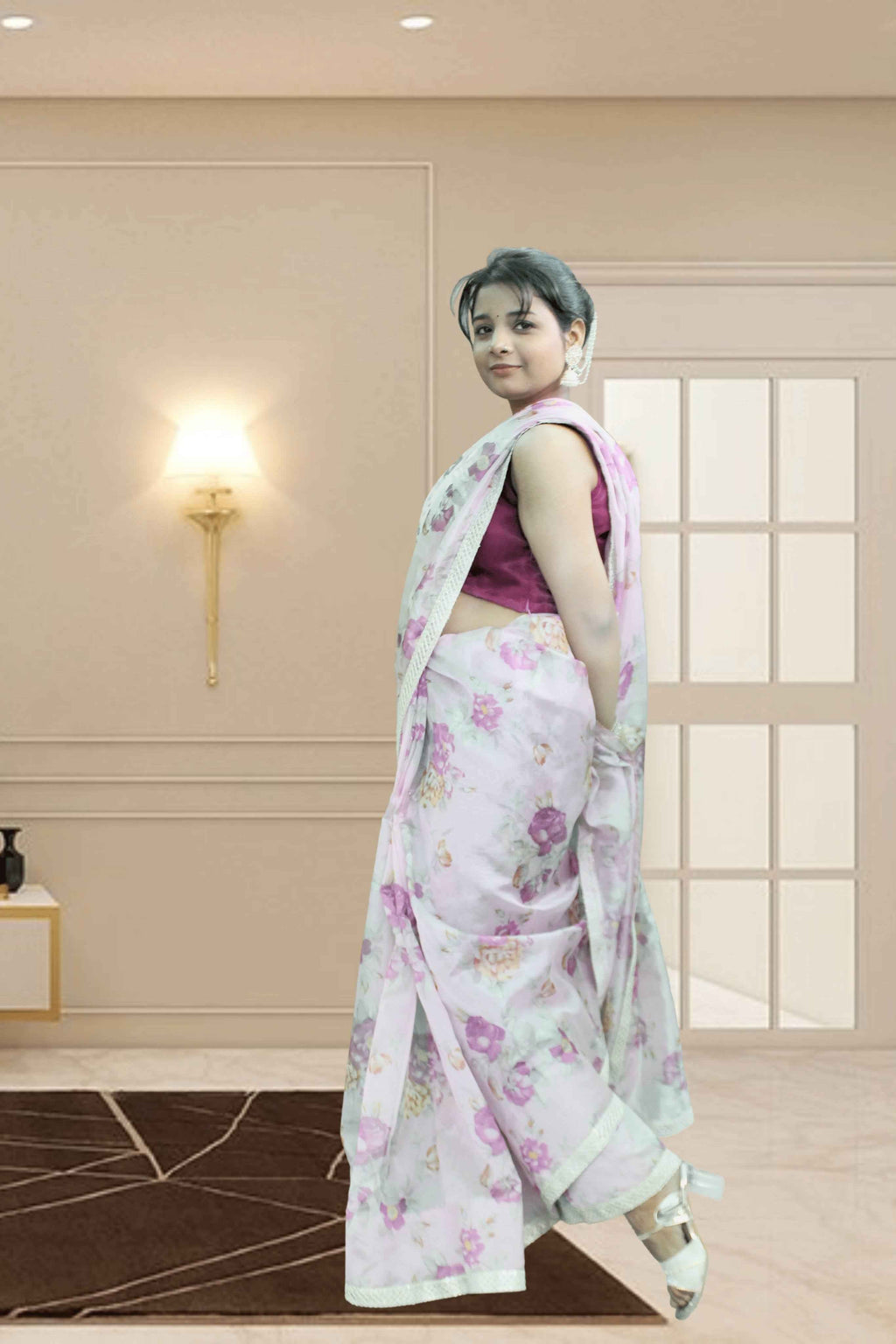 Pink Moon Floral Organza Saree with Blouse