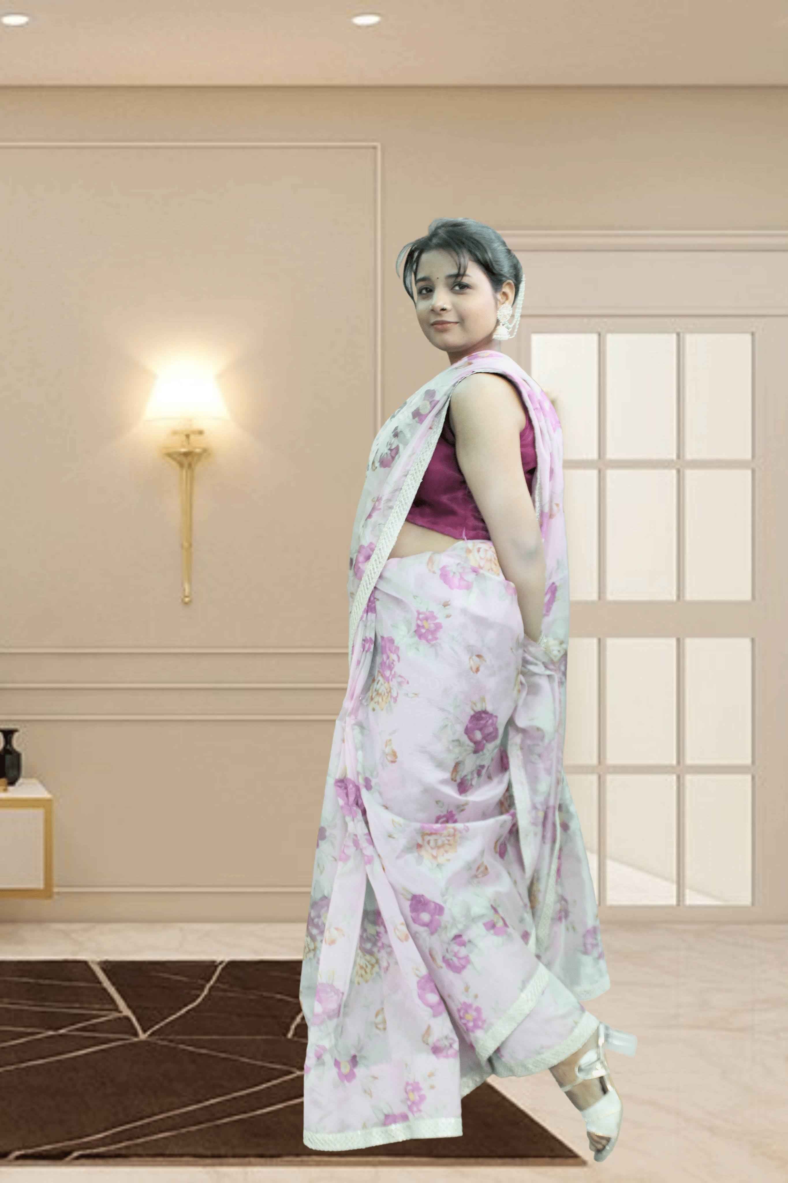 Pink Moon Floral Organza Saree with Blouse