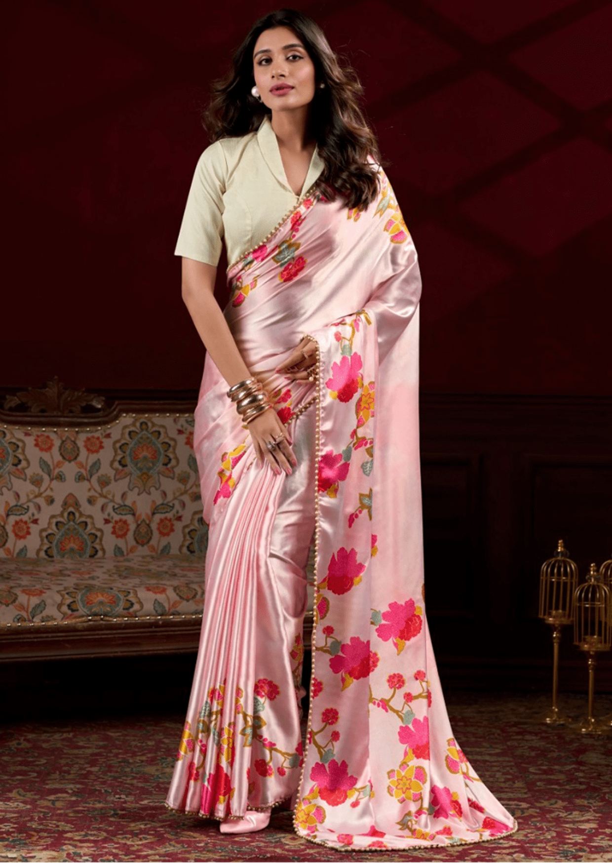 Prisha Blush Bloom Satin Silk Saree