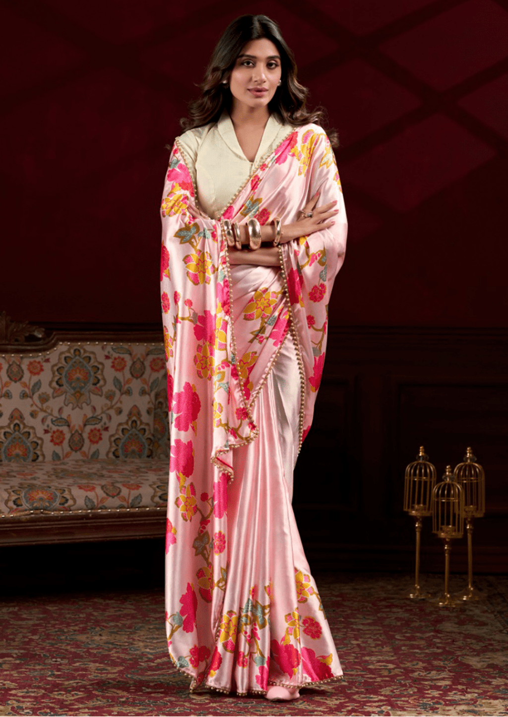 Prisha Blush Bloom Satin Silk Saree
