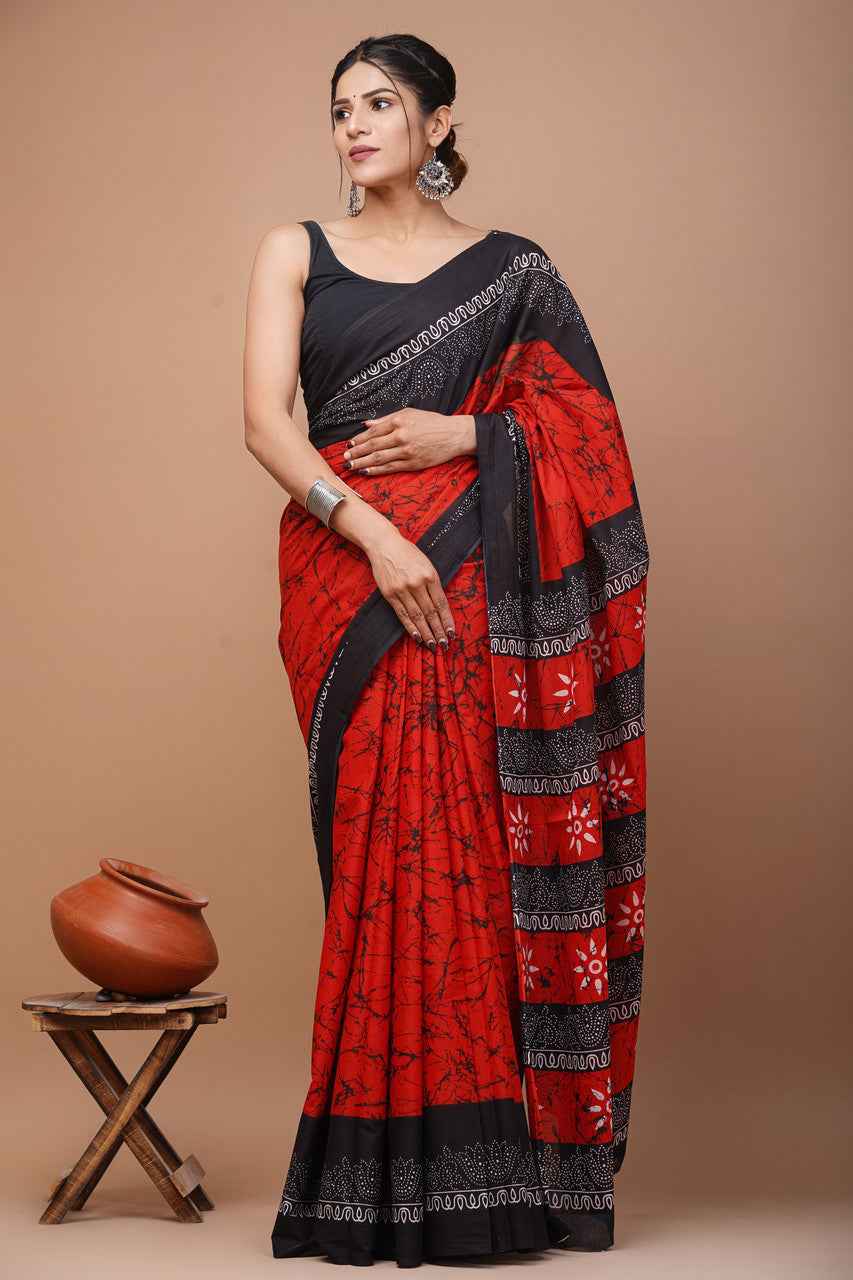 Raging Rouge Bagru Blaze Mulmul Cotton Saree
