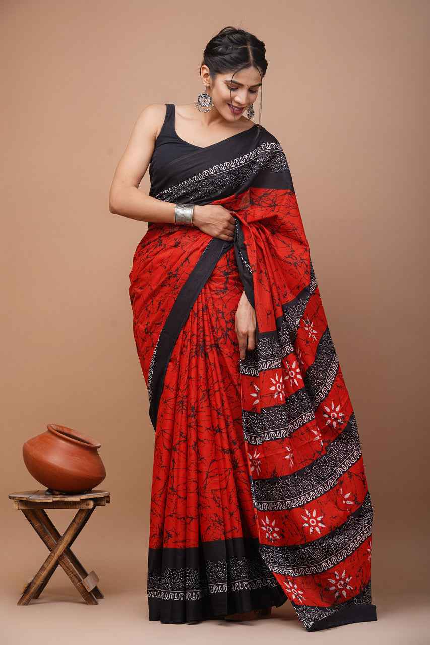 Raging Rouge Bagru Blaze Mulmul Cotton Saree