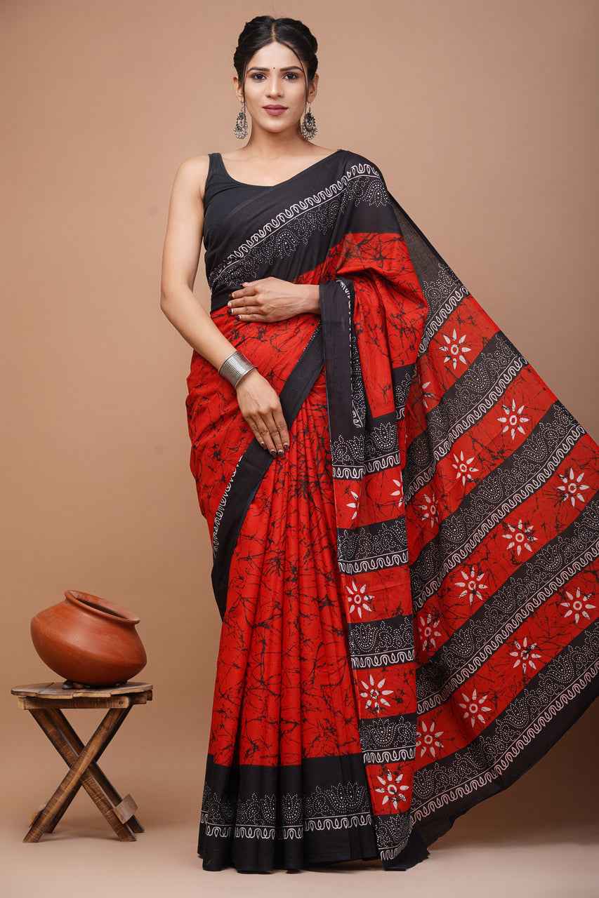 Raging Rouge Bagru Blaze Mulmul Cotton Saree