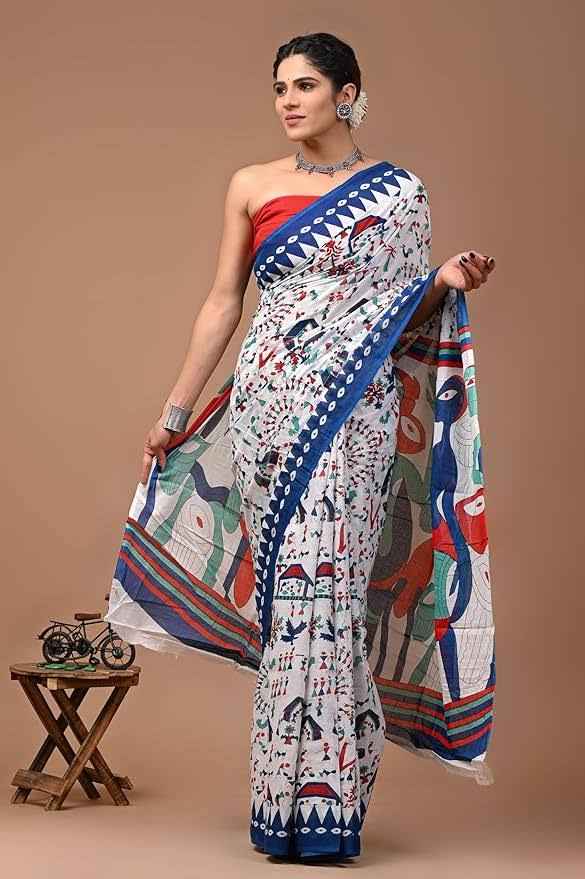 Ranglok Multicolor Tribal Art Mulmul Cotton Saree