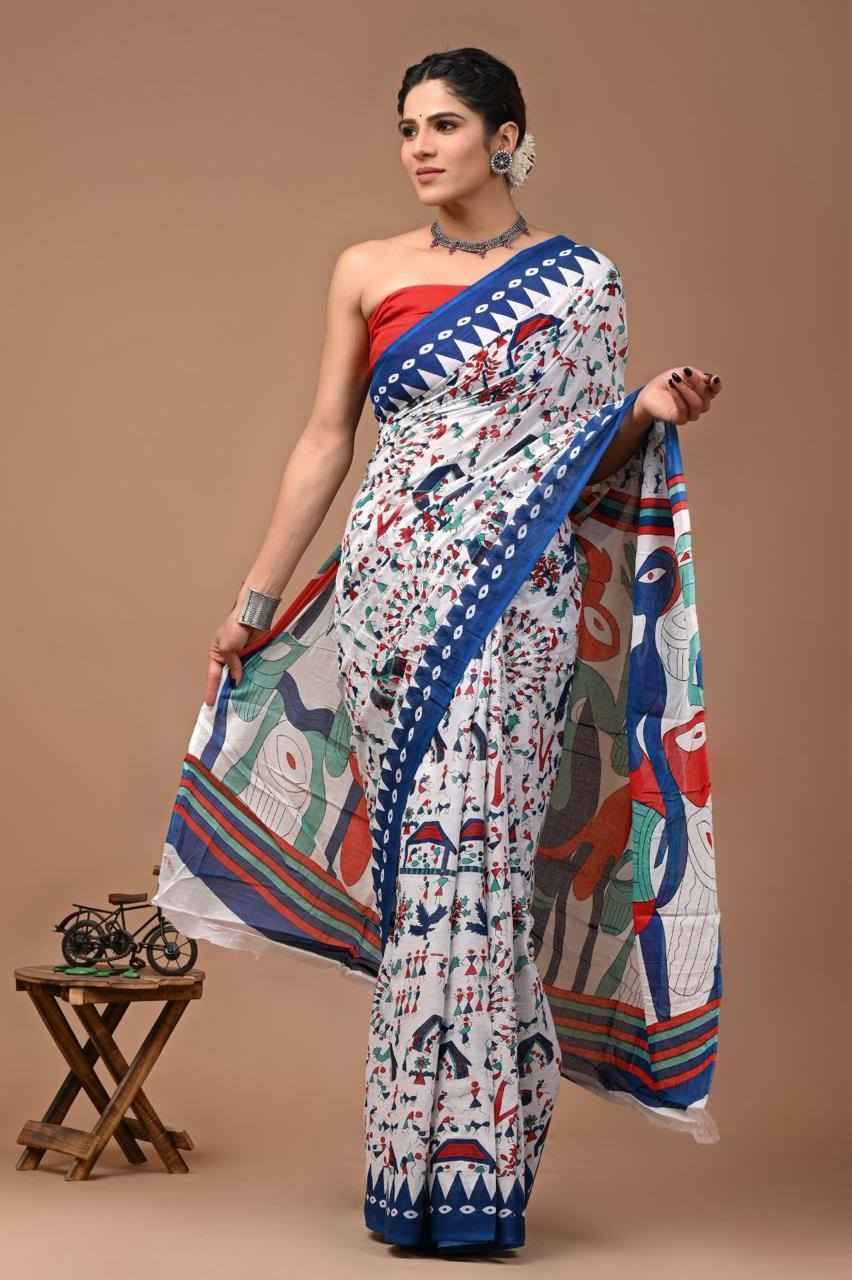 Ranglok Multicolor Tribal Art Mulmul Cotton Saree