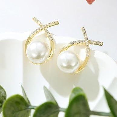 Elegant Gold Plated Pearl Stud Cross Earrings