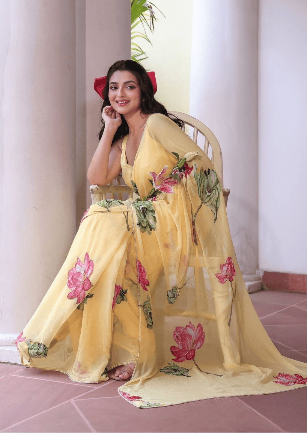 Sunlit Bloom Yellow Floral Chiffon Saree