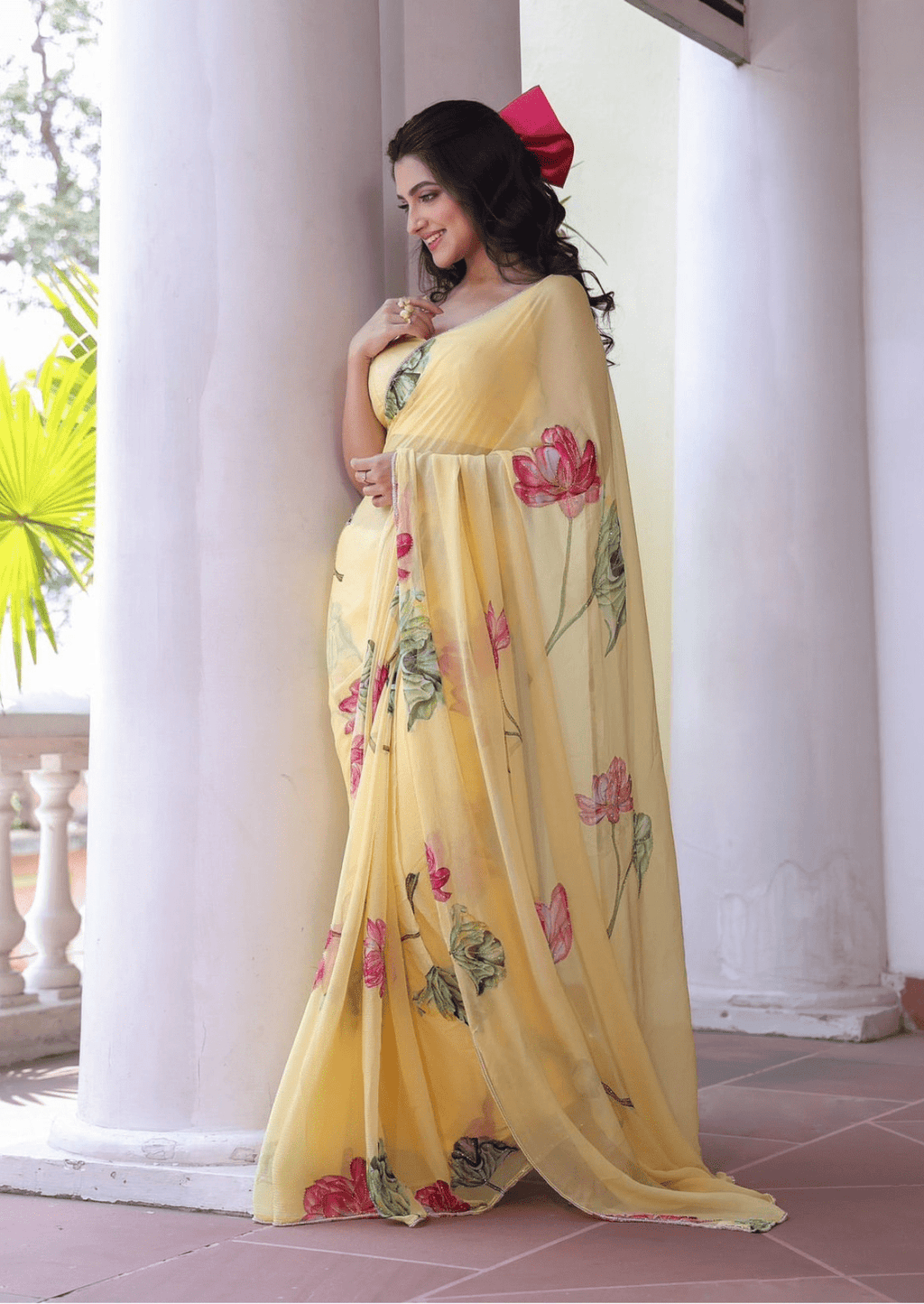 Sunlit Bloom Yellow Floral Chiffon Saree