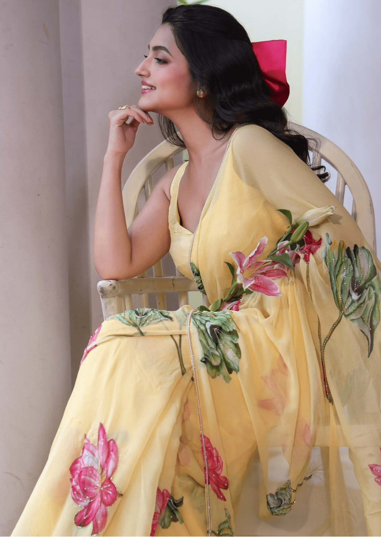 Sunlit Bloom Yellow Floral Chiffon Saree