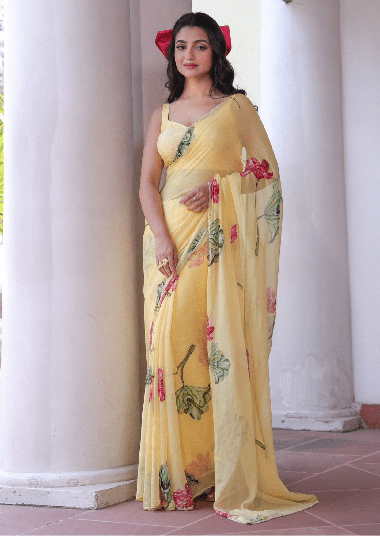 Sunlit Bloom Yellow Floral Chiffon Saree