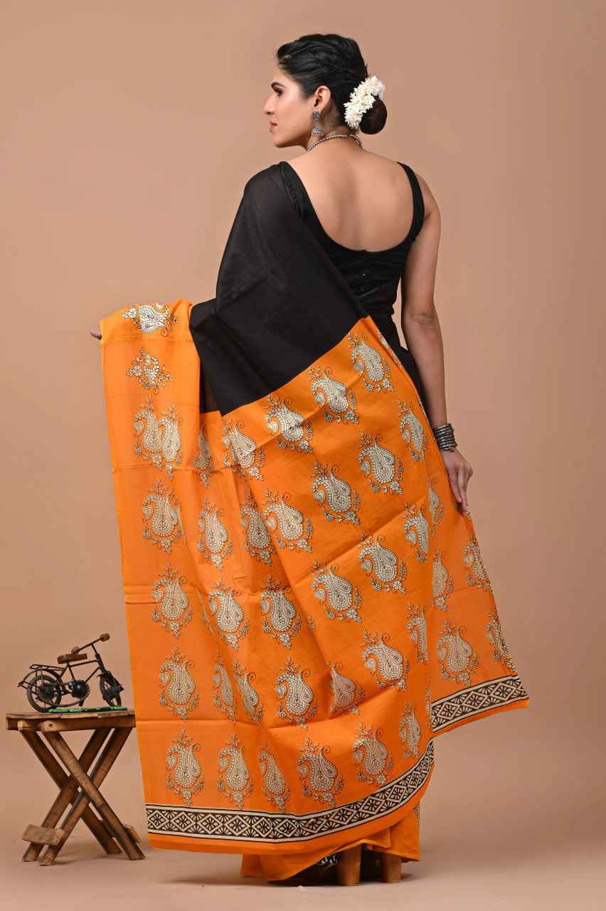 Tangerine Royal Mulmul Cotton Saree with Traditional Paisley Print