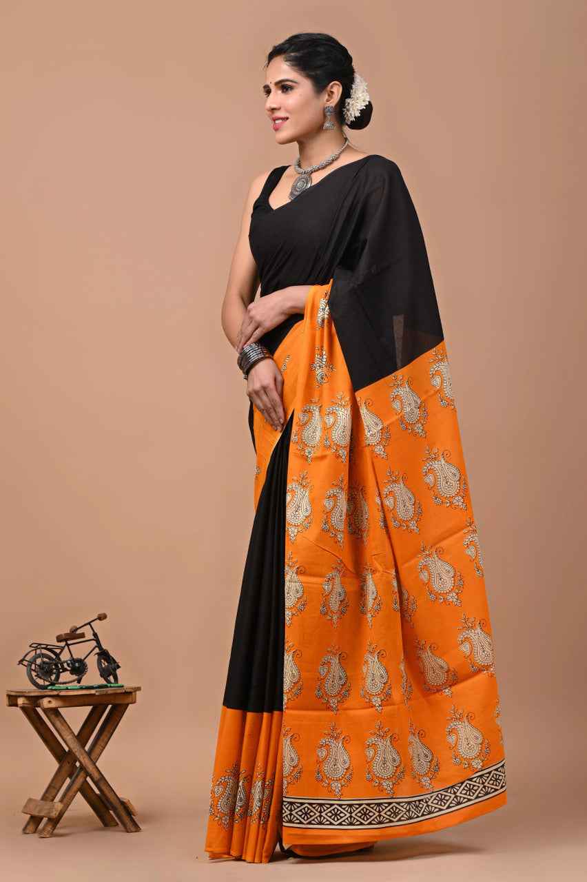 Tangerine Royal Mulmul Cotton Saree with Traditional Paisley Print
