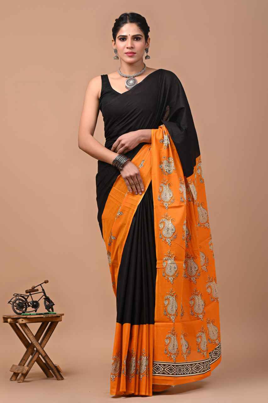 Tangerine Royal Mulmul Cotton Saree with Traditional Paisley Print