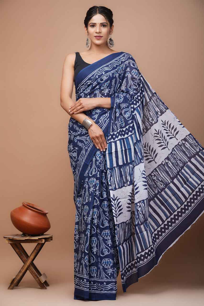 Tribal Trails Bagru Ink Mulmul Cotton Saree